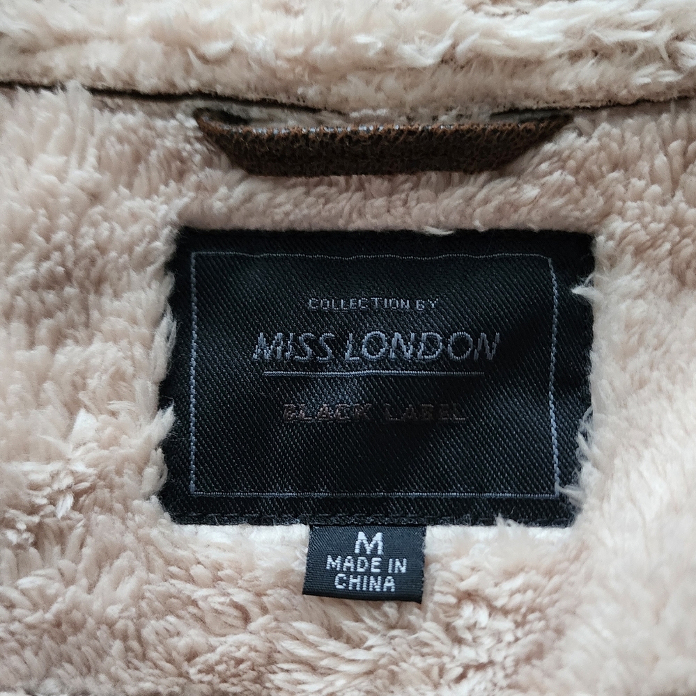 *SOLD* MISS LONDON Faux Leather Aviator Jacket Womens Size M Brown Cream - Picture 3 of 10